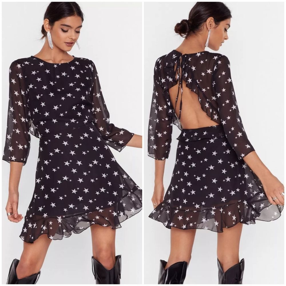 NWT Nasty Gal Women's Sz 2 Star Backless Mini Skater Dress Black White